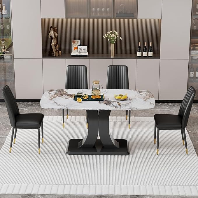 Modern Dining Table Set for 4, Marble Kitchen Table Chair Set for 4, Rectangular Kitchen Table with 4 Pu Leather Upholstered Chair for Dining Room (White+Black, 1 Table with 4 Chairs)