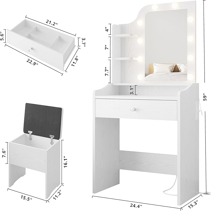 LIKIMIO Small Makeup Vanity Desk with Mirror and Lights, Vanity Table Set with Storage Stool, Makeup Drawer Organizer, Power Outlet, 3 Color Modes Adjustable Bulb, White Vanity for Bedroom