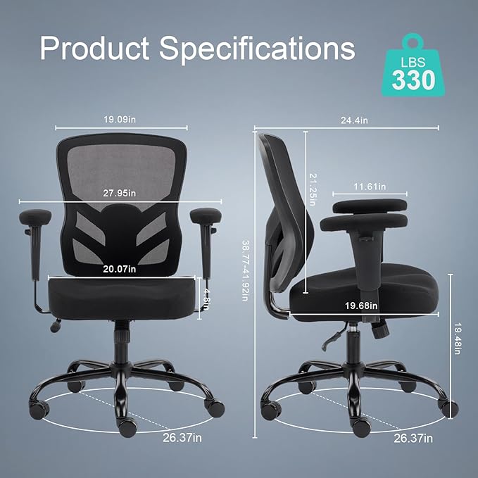 YFO Ergonomic Office Chair, Mesh Computer Desk Chair with Adjustable Back Lumbar Support and Armrests, Comfy Executive Rolling Swivel Task Chair for Home Office, Black