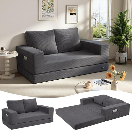 COMAX Convertible Sofa Bed Queen, Folding Fold Out Couch Bed, Floor Futon Couch Corduroy with Back Pillows, Boneless Sofa Comfy Lounge Sleeper Mattress Loveseat for Living Room Bedroom, Grey