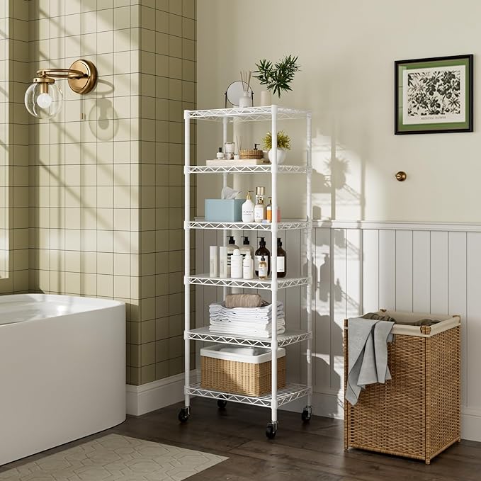 Small 6 Tier Shelf Storage Wire Shelving Unit Metal Shelves Adjustable Organizers Storage Shelving with Wheels for Bathroom Laundry Room Kitchen Pantry12”D x 18”W x 61.6”H White