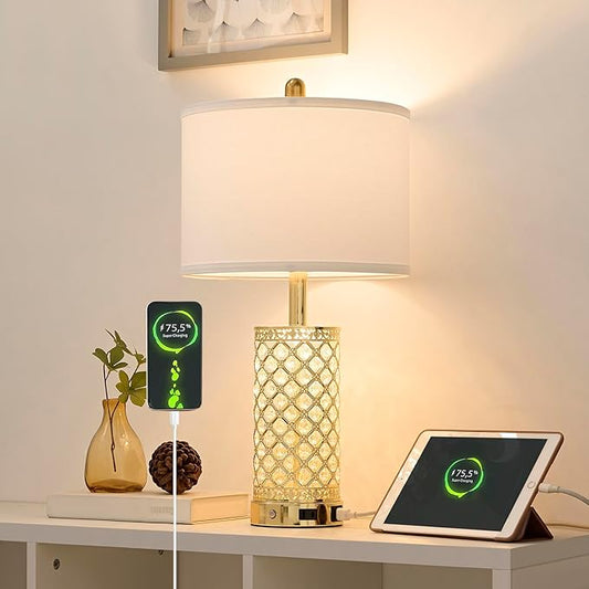 Crystal Table Lamps Modern 3-Way Dimmable Bedside Lamp with 2 USB Ports & AC Outlets for Living Room Bedroom Nightstand Lamp Night Light (Gold- 1 Pack 24In)