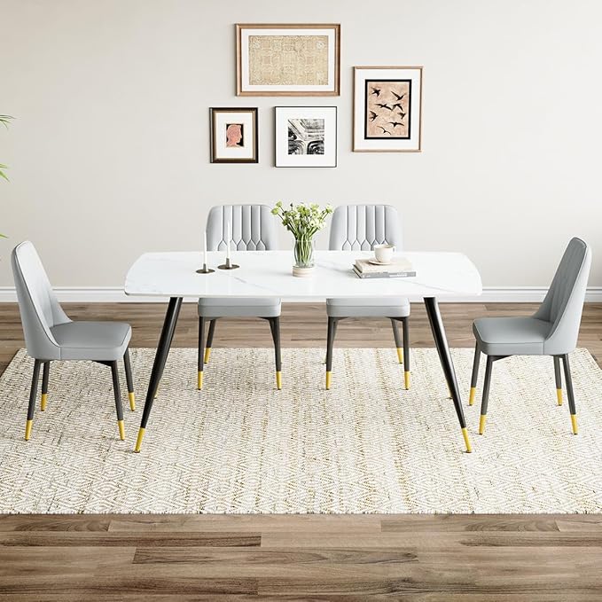 White Dining Table Set for 4, 62'' Dining Table Set for 4, Sintered Stone Dining Room Sets for 4, Easy to Assemble