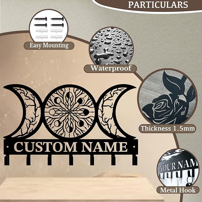 Life Tree Key Hook - Customized Metal Wall Organizer with Name Engraving, Black Iron Home Decor for Themed Collectors (Style E)