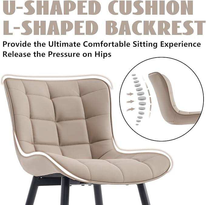 YOUTASTE Khaki Dining Chairs Set of 2, Comfy Faux Leather Upholstered Kitchen Chairs with Black Metal Legs, Mid-Century Modern Design, Accent Chair for Dining Room, Bedroom, Reception