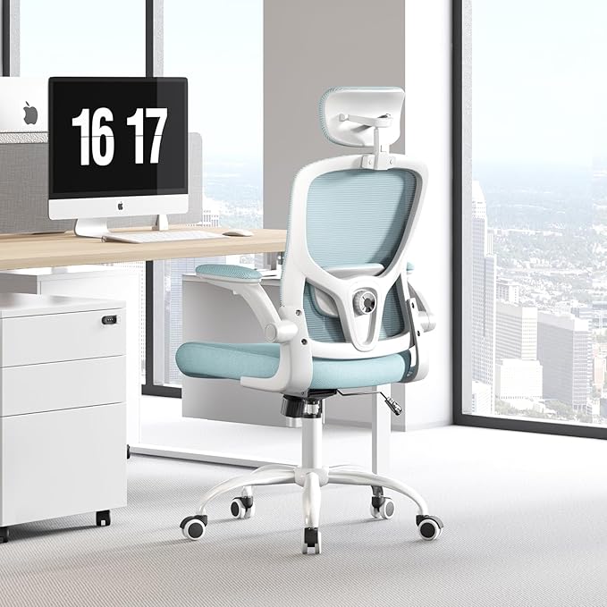 Office Computer Desk Chair - Lumbar Support and Headrest, Ergonomic Mesh Back Swivel Task Chair,Flip-Up Arms for Desk Work, 90-120° Tilt Rolling Chair for Home Office(White-Blue6076)