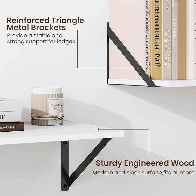 Fun Memories Deep Floating Shelves for Wall, 16W x 8D Wall Mounted Shelves Set of 2, Wide Display Ledge Shelf with Sturdy Metal Brackets for Living Room, Bathroom, Bedroom and Kitchen, White