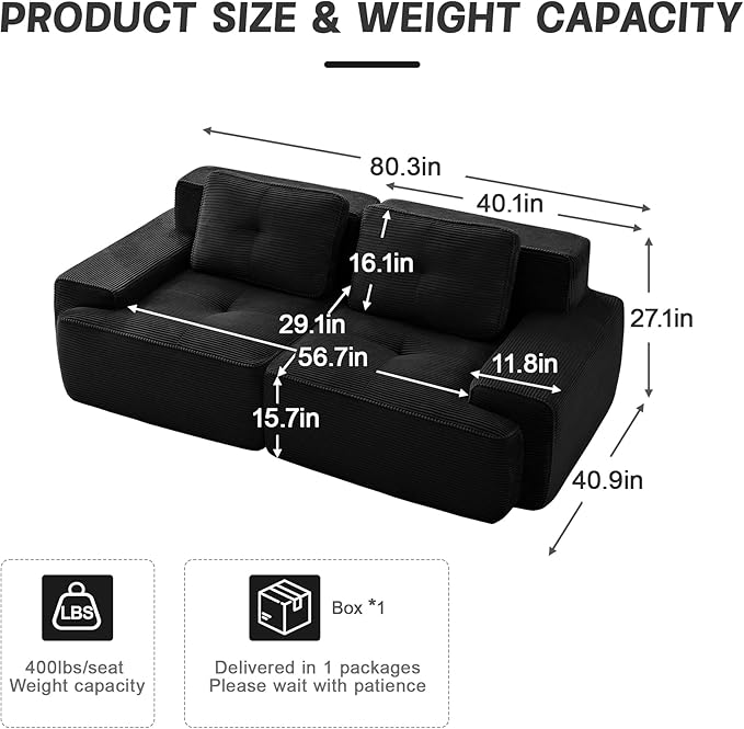 80" Modern Corduroy Boneless Love Seat Couches, 2 Seater Large Sectional Couches for Living Room, Black Cloud Modular Sectional Sofa, Memory Foam, Extra Deep Loveseat, No Assembly