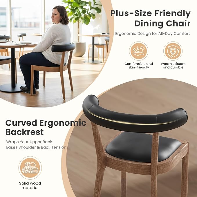 Kmax Dining Room Chairs Mid-Century Modern Leather Kitchen Chairs with Natural Walnut Finished Frame, PU Curved Back, 2-Pcs Set, PU Black
