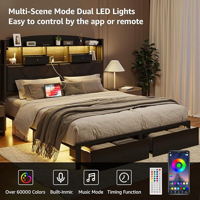 Queen Size Black Bed Frame with 4 Storage, Upholstered Velvet Platform Bed Frames with Button Tufted Headboard Led Lights, Wooden Slats Support, No Box Spring Needed, Black