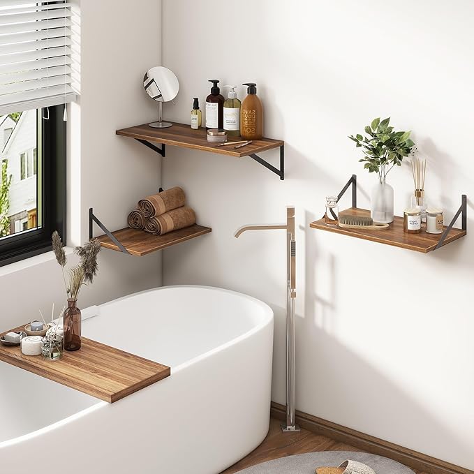 Fun Memories 20 Inch Floating Shelves, Deep Wall Shelves for Kitchen, 20 x 12 Floating Shelf for Living Room, Bedroom, Farmhouse Floating Shelves for Home Decor Storage, Walnut, Set of 2