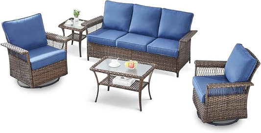 5 Pieces Wicker Patio Furniture Set - Hollow Widen Armrests Outdoor Swivel Glider Chairs and 3 Seat Sofa with Coffee Table & Side Table for Balcony Porch Deck and Yard - Brown/Blue