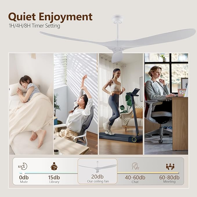 72 inch Ceiling Fan no Light, Quiet Reversible DC Motor Wood Ceiling Fan Without Light, White Modern Ceiling Fan with Remote Control for Outdoor Indoor Farmhouse Patios