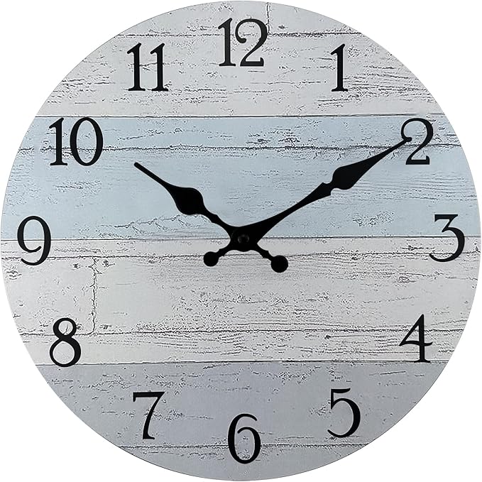 Plumeet Smaill Wall Clock, 10'' Frameless Wooden Wall Clocks with Silent Quartz Movement, Rustic Coastal Country Village Clocks Decorative for Kitchen Bedroom Living Room