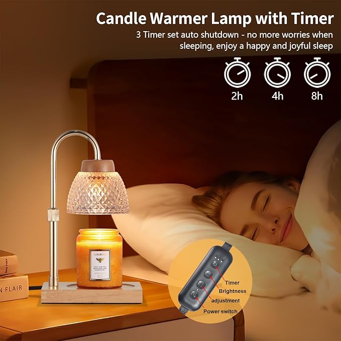 Dimmable Candle Warmer Lamp with Timer, Electric Wax Melt Warmer for Jar Scented Candles Adjustable Height, Mothers Day Birthday Gifts for Women Mom Grandma Home Offices Decor, with 2 Bulbs(Gold)