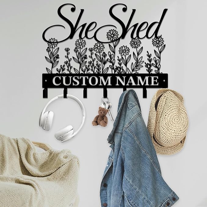 Personalized She Shed Keys Hooks,Custom Name Metal She Shed Art Keys Hooks,Metal She Shed Lover Wall Home Storage Decorative Keys Hooks,Key Holder Hooks for Wall (Style H)