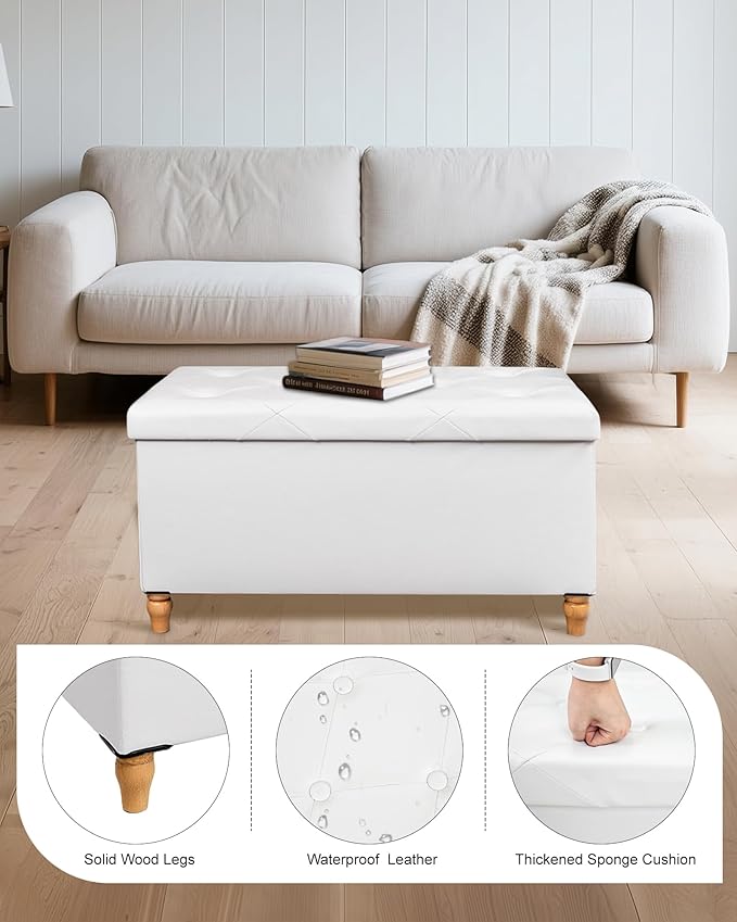 GLAXYFUR 30 Inches Storage Ottoman Bench with Wooden Legs, Faux Leather Folding Ottoman Foot Rest, Storage Bench for Living Room, Hallway & Bedroom, Upgrade Large Capacity (Engineered Wood, White)