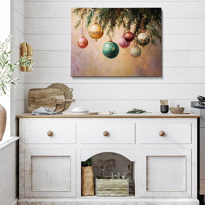 Vintage Holly Garland Christmas Canvas Wall Art - Rustic Christmas Wall Decor Framed Canvas Prints for Living Room & Office, Timeless Christmas Gifts & Winter Wall Decor