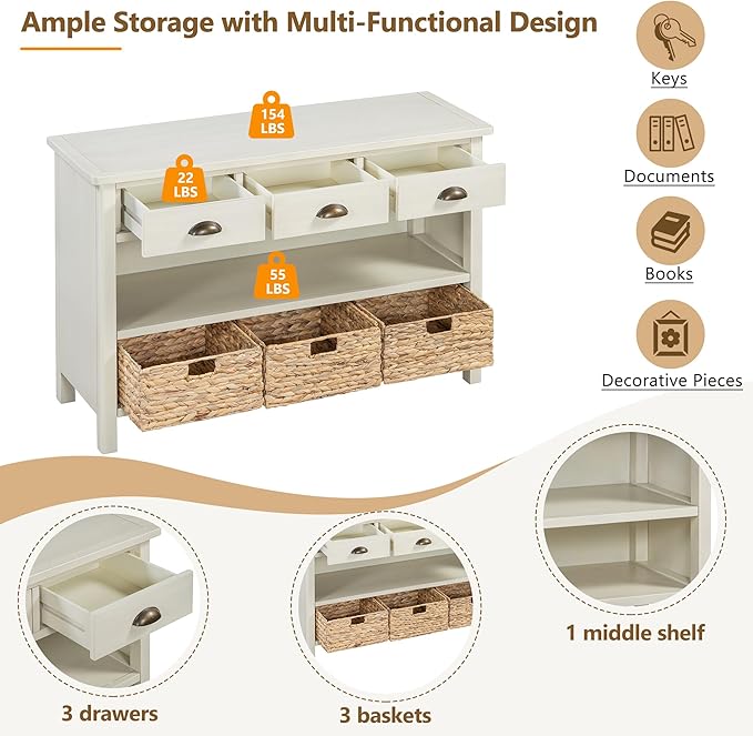 GDFStudio 47" Retro Console Table with 3 Drawers & Water Hyacinth Baskets, Wooden Entryway Buffet Table with Lower Shelf, Vintage Side Board Storage Cabinet for Entryway Living Room, Antique White
