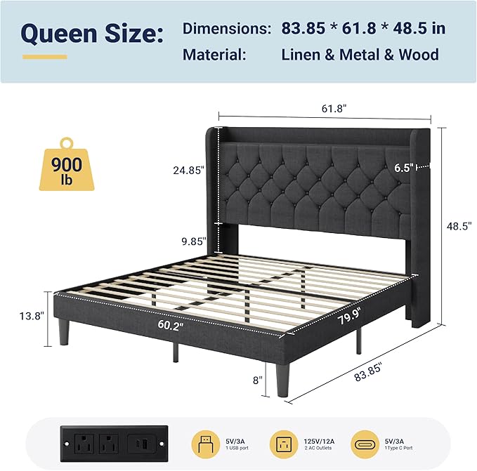 Allewie Queen Size Bed Frame, Storage Headboard with Charging Station, Wingback Linen Upholstered, Diamond Stitched Button Tufted, Sturdy Wooden Slats, No Box Spring Needed, Easy Assembly, Dark Gray
