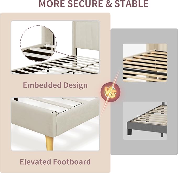King Size Upholstered Platform Bed Frame with Modern Wingback & Vertical Panel Headboard, Linen Fabric, Wooden Legs & Slats Support, No Box Spring Needed, Noise-Free & Easy Assembly, Beige