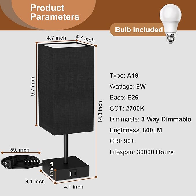 Sailstar Bedside Table Lamps Set of 2, Touch Bedroom Lamp with USB C+A Charging Ports, 3 Way Dimmable Lamps for Night Stands, Small Table Lamp for Bedroom Decor, LED Bulbs Included, Upgraded Black