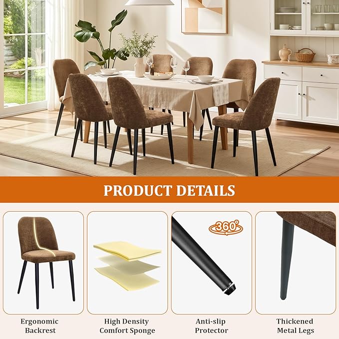 Upholstered Dining Chairs Set of 4, Mid Century Modern Fabric Dining Room Chair High-Back Padded Kitchen Chairs with Padded Seat and Metal Legs for Kitchen Dining Room Restaurant Cafe, Brown