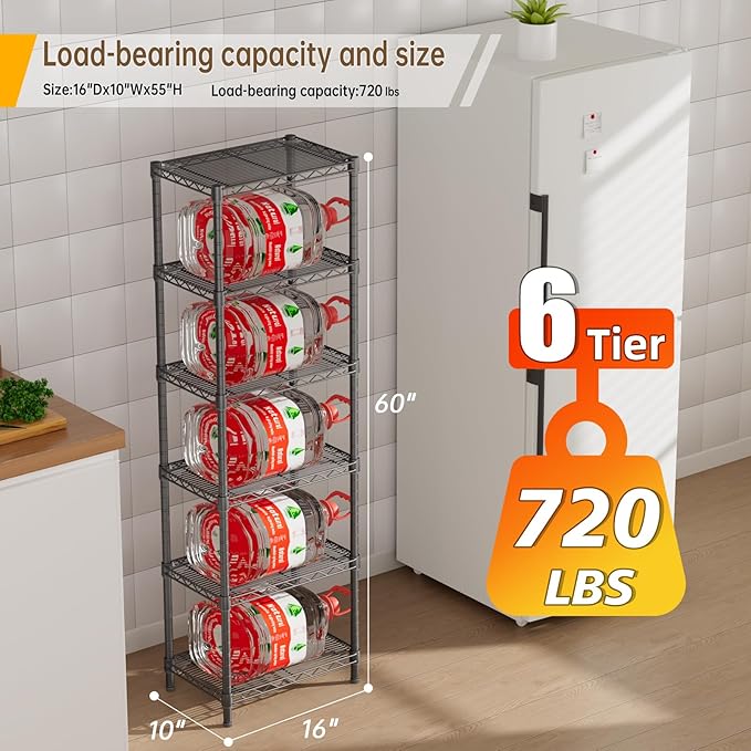 6 Tier Shelf Adjustable Storage Mesh Gaps Metal Utility Shelves Wire Shelving Unit Organizer Rack for Home Kitchen Office Bathroom Pantry Room10 D x 16" W x 60" H Black