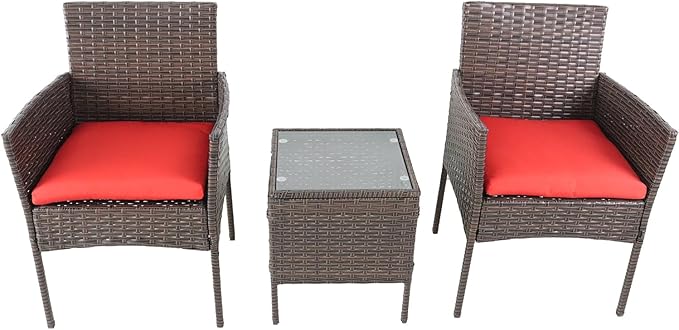 3 Pieces Patio Furniture Set, Outdoor Conversation Sets, Wicker Rattan Chairs for Garden Backyard Balcony Porch Poolside, Set with Glass Table and Soft Cushions (Brown+Red)