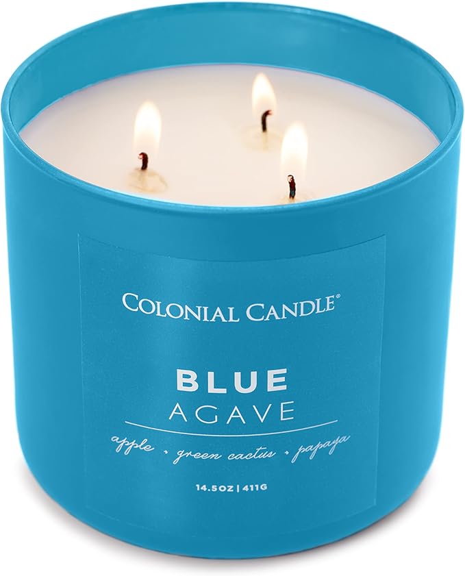 Colonial Candle Blue Agave Scented Jar Candle, Pop of Color Collection, 3 Wick, 14.5 oz - Up to 60 Hours Burn