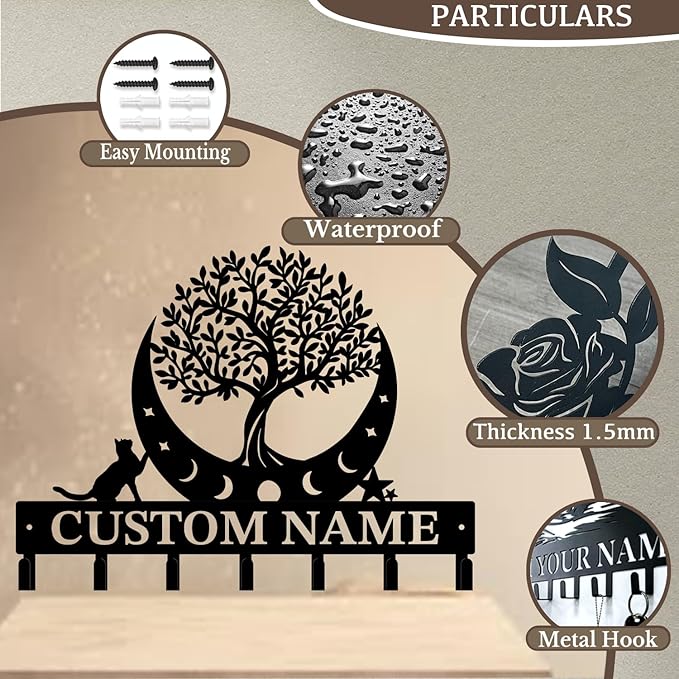 Life Tree Key Hook - Customized Metal Wall Organizer with Name Engraving, Black Iron Home Decor for Themed Collectors (Style C)