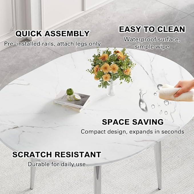 FURNITO 42"-54" Extendable Round Dining Table for 4–6, White Faux Marble & Wood Grain Top with Silver Metal Legs, Contemporary Oval Kitchen Table, Space-Saving Dining Room Table, Easy Assembly