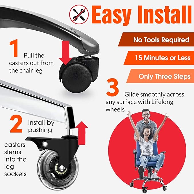 Office Chair Casters with Brake, 3 Inch Universal Casters,Suitable for Carpet and Hardwood Floors, Universal Fits Most Chairs