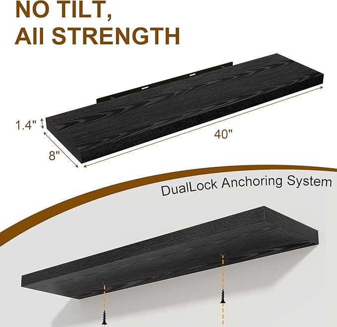 Fun Memories 40 Inch Floating Shelves Set of 2, 8 Inch Deep Wall Shelf, Rustic Wood Storage Shelves for Bedroom, Kitchen, Bathroom, Wall-Mounted Shelf with Invisible Brackets for Books|Storage Black