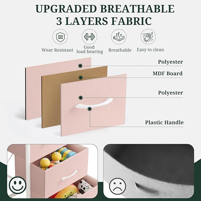 Nightstand, 4 Drawer Dresser End Table Bedside Furniture with Wooden Top Steel Frame Fabric Bins for Bedroom, Closet, Entryway, Dorm, Living Room, Pink