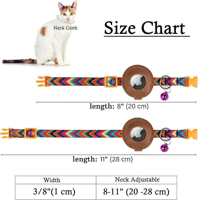 Airtag Cat Collar with Bell - Non Breakaway Soft Pet Collar with Leather Air Tag Holder - Adjustable GPS Anti-Lost Collars for Girl Boy Cats Kitten Puppies, Lightweight and Patterned (Arrows)