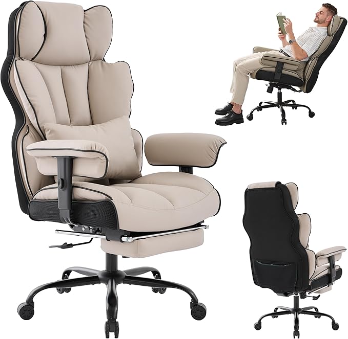 Big and Tall Office Chair 400lbs Wide Seat,High Back Gaming Chair with Foot Rest, Ergonomic Reclining Executive Office Chair Lumbar Support,Leather Computer Chair Adjustable Arm(Black Beige)