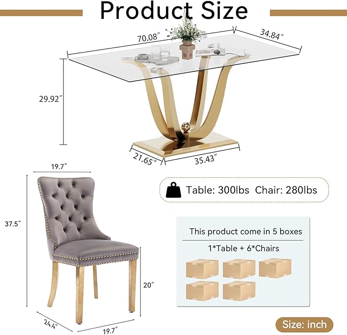70" Modern Gold Glass Dining Table Set for 6, 7-Piece Rectangle Kitchen Dining Room Table Set with Steel Base & 6 Grey Velvet Upholstered Chairs, Modern Glass Kitchen Table and Chairs Set of 6