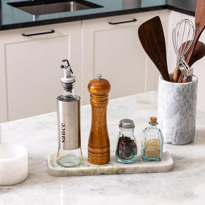 Koville Marble Tray for Bathroom Sink, 12"x4" Natural Stone Vanity Tray for Kitchen Dresser Countertop, Rectangular Decorative Marble Tray for Jewelry Perfume Trinket(Bianco Palomino)