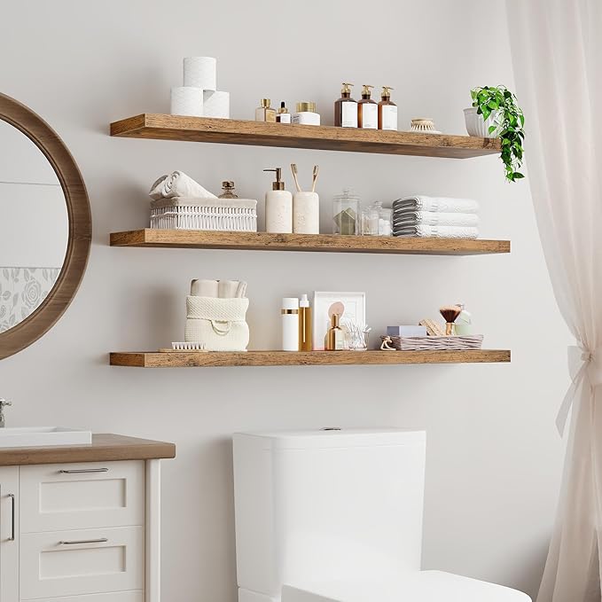 Floating Shelves for Wall, 1.5" Thick Wall Shelf Set of 3 with Invisible Bracket, L47.2 x W7.9 Hanging Shelves Farmhouse Home Decor for Bathroom, Living Room, Bedroom, Rustic Brown 12301BJP3BF