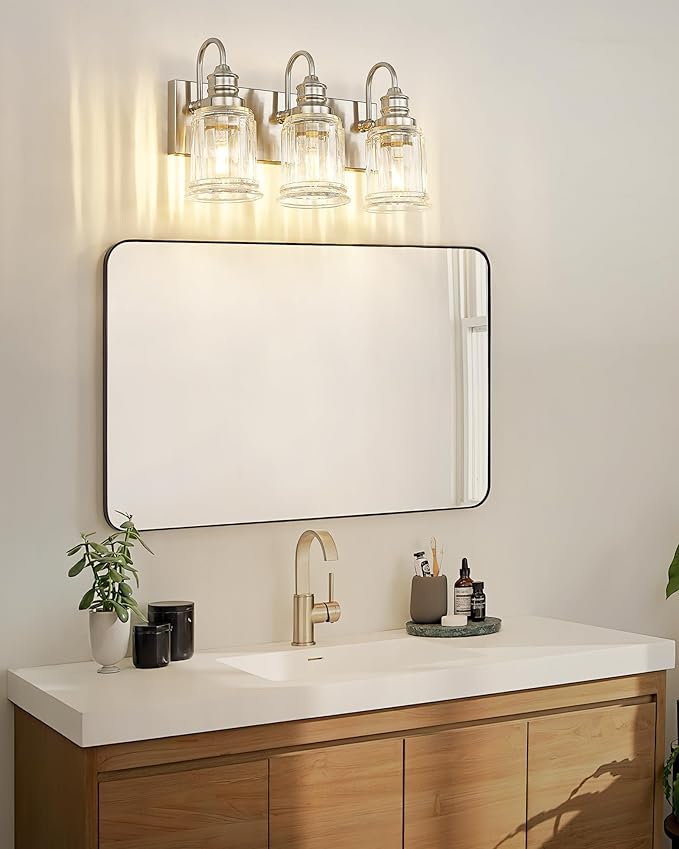 Bathroom Light Fixture, HWH 3-Light Vanity Light Brushed Nickel Modern Bathroom Lights Over Mirror, Bell-Shaped Fluted Glass, 5HZG106B-3W BN