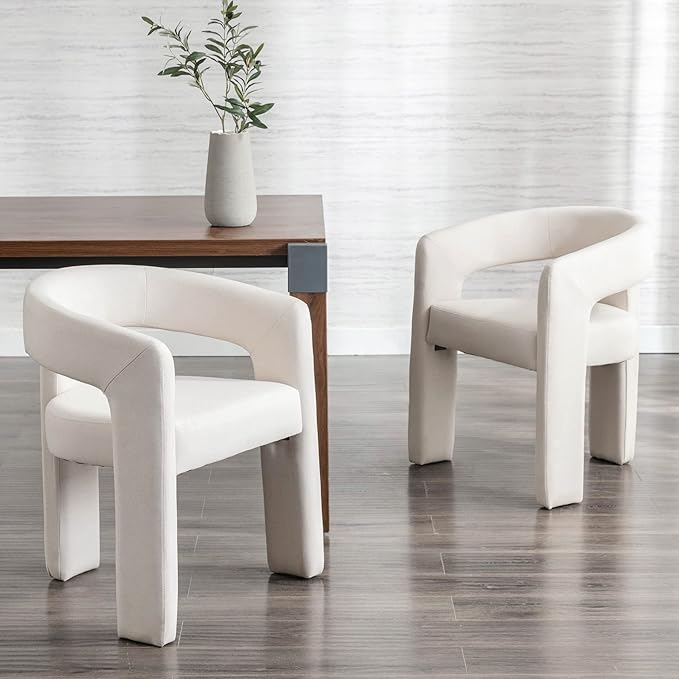 Modern Linen Fabric Upholstered Dining Chairs with Open-Back, Cute Barrel Side Chairs Kitchen Armchair Accent Chairs for Dining Room Bedroom, Ivory