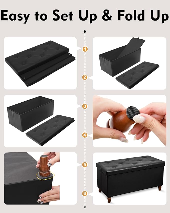 GLAXYFUR 30 Inches Storage Ottoman Bench with Wooden Legs, Faux Leather Folding Ottoman Foot Rest, Storage Bench for Living Room, Hallway & Bedroom, Upgrade Large Capacity (Engineered Wood, Black)