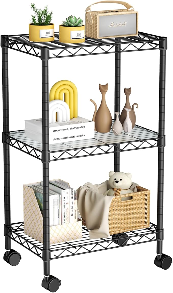 Small 3 Tier Shelves Storage Wire Shelving Unit Metal Shelf Adjustable Organizers Storage Shelving with Wheels for Bathroom Laundry Room Kitchen Pantry12”D x 18”W x 30.7”H Black