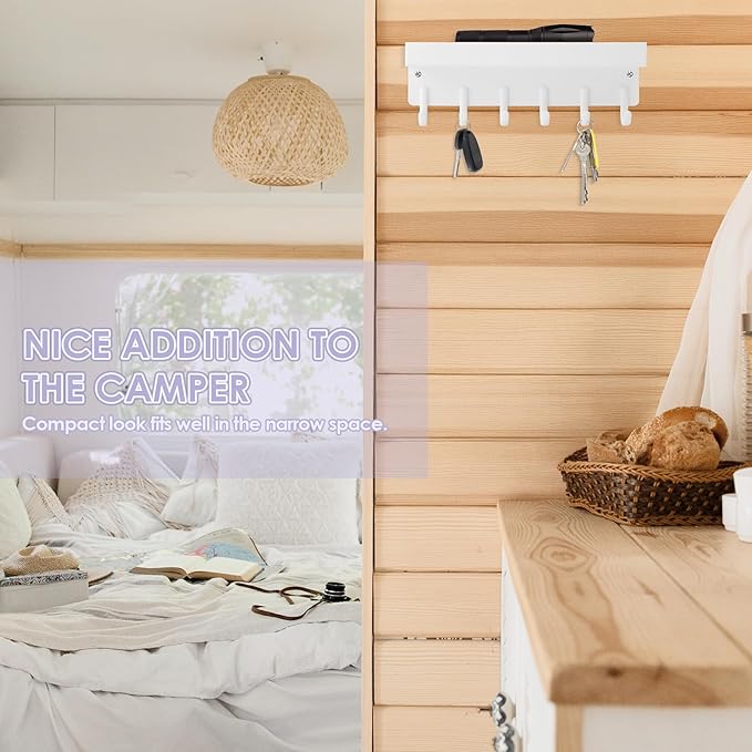 VIS'V Key Holder Wall Mount, Compact Adhesive Key Rack with Tray, 6 Hooks, 2 Mount Options, White