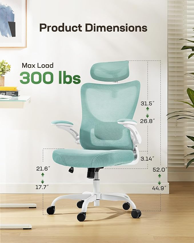 Marsail Ergonomic Office Chair: Office Desk Chair with High Back Mesh and Adjustable Lumbar Support Rolling Work Swivel Task Chairs with Wheel 3D Armrests and Headrest