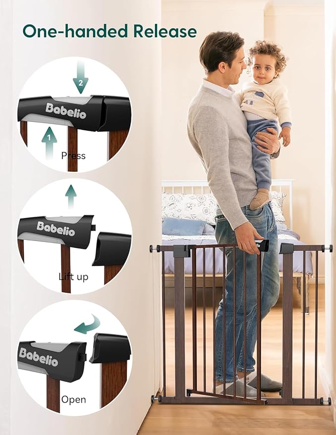 BABELIO 26-40 Inch Easy Install Extra Wide Pressure Mounted Metal Baby Gate, No Drilling, No Tools Required, with Wall Protectors and Extenders (Black Wood Pattern, 30" Tall 26"-40" Wide)