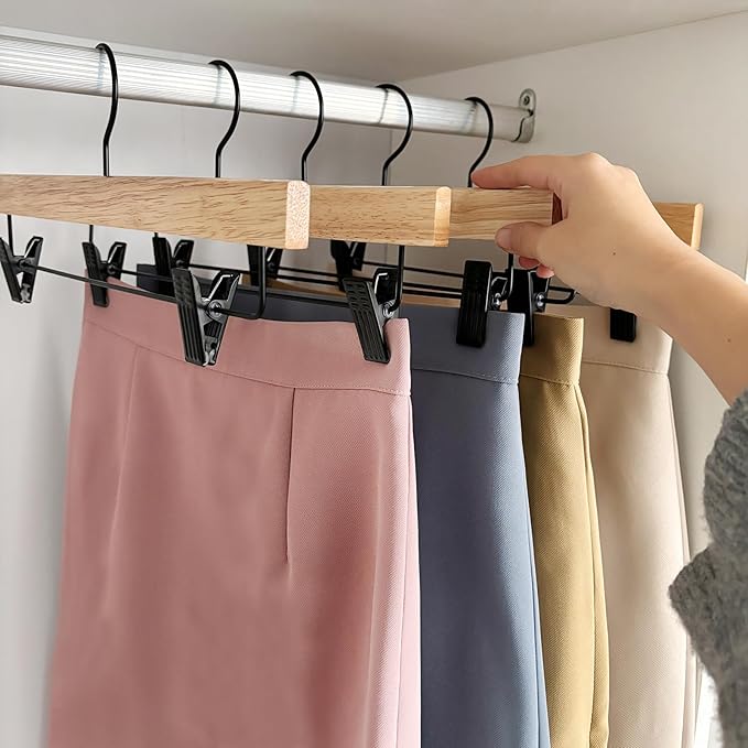 Nature Smile Deluxe Wooden Pants Hangers,Solid Rubber Wood Jeans Skirt Hanger with Black Adjustable Clips and Rotatable Hook Pack of 10(Natural Varnished)
