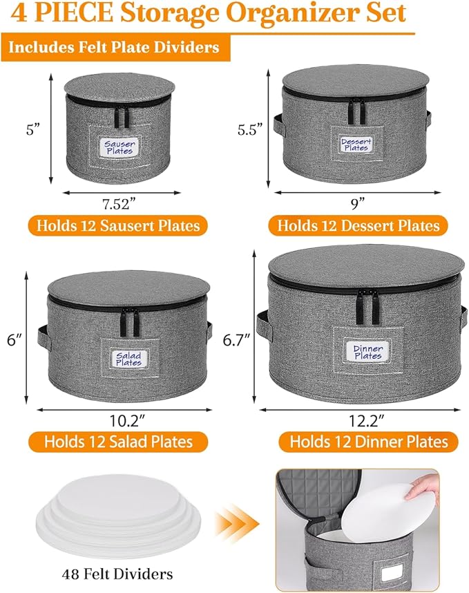 punemi China Storage Containers, Dish Storage with Rigid Top Side Bottom Support & Felt Dividers for Charger Plates Dinnerware, Perfect for Moving Supplies, 4 set Stackable Fine China Storage, Gray