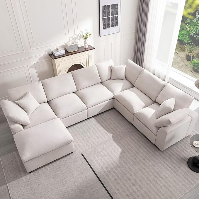 Cloud Couch Modular Sectional Sofa Modern Oversized Couches with Ottoman 7 Seater L-Shaped Sofas Comfy Couches for Living Room Spacious Space Apartment Lounge, Cream